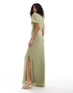 Pretty Lavish Bridesmaid Flutter Sleeve Chiffon Maxi Dress In Olive For Women -Pretty Lavi Clothing Shop 205756029 3