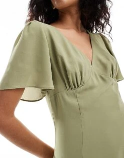 Pretty Lavish Bridesmaid Flutter Sleeve Chiffon Maxi Dress In Olive For Women -Pretty Lavi Clothing Shop 205756029 4