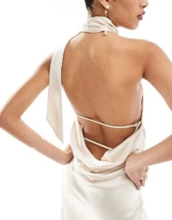 Pretty Lavish Hen Backless Satin Scarf Maxi Dress In Ivory For Women -Pretty Lavi Clothing Shop 205847647 4