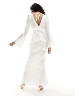 Pretty Lavish Hen Textured Ruffle Maxi Dress In Metallic Ivory For Women -Pretty Lavi Clothing Shop 205847648 4