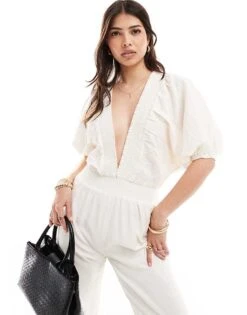 Pretty Lavish Linen Blend Cut-out Jumpsuit In Cream For Women -Pretty Lavi Clothing Shop 205872343 4