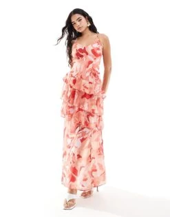 Pretty Lavish Open Back Ruffle Maxi Dress In Red And Pink For Women Red Abstract