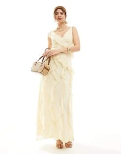 Pretty Lavish Asymmetric Ruffle Drape Midaxi Dress In Butter Lemon For Women