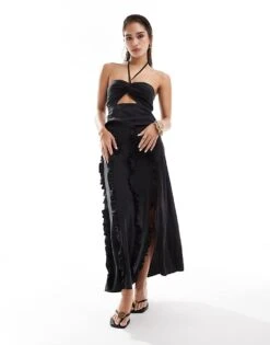 Pretty Lavish Textured Halter Top, Skirt And Trouser Co-ord In Black