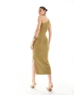 Pretty Lavish One Shoulder Fine Knit Midaxi Dress In Dark Olive For Women -Pretty Lavi Clothing Shop 205872451 4
