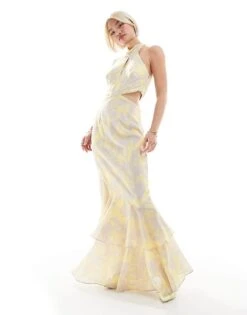 Pretty Lavish Halter Neck Cut-out Maxi Dress In Lemon And Beige Floral For Women Lemon/beige -Pretty Lavi Clothing Shop 205872460 1 lemonbeige 1