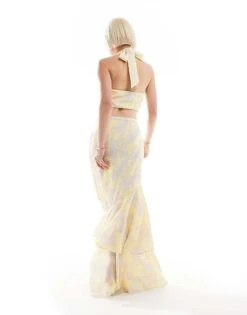 Pretty Lavish Halter Neck Cut-out Maxi Dress In Lemon And Beige Floral For Women Lemon/beige -Pretty Lavi Clothing Shop 205872460 3