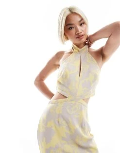 Pretty Lavish Halter Neck Cut-out Maxi Dress In Lemon And Beige Floral For Women Lemon/beige -Pretty Lavi Clothing Shop 205872460 4