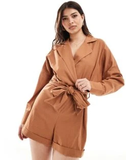 Pretty Lavish Tie Waist Linen Blend Playsuit In Brown For Women -Pretty Lavi Clothing Shop 205872490 3