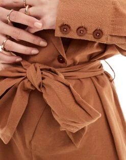 Pretty Lavish Tie Waist Linen Blend Playsuit In Brown For Women -Pretty Lavi Clothing Shop 205872490 4