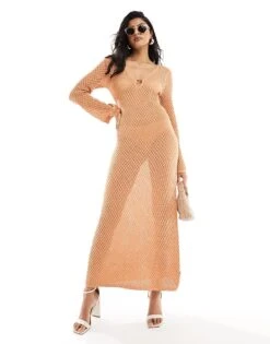 Pretty Lavish Crochet Knit Midaxi Dress In Apricot For Women -Pretty Lavi Clothing Shop 205899549 1 apricot 1