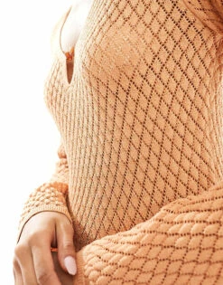 Pretty Lavish Crochet Knit Midaxi Dress In Apricot For Women -Pretty Lavi Clothing Shop 205899549 2