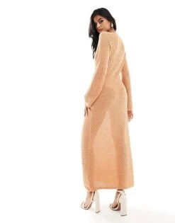 Pretty Lavish Crochet Knit Midaxi Dress In Apricot For Women -Pretty Lavi Clothing Shop 205899549 3