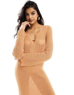 Pretty Lavish Crochet Knit Midaxi Dress In Apricot For Women -Pretty Lavi Clothing Shop 205899549 4
