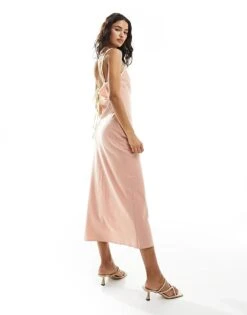 Pretty Lavish Contrast Trim Satin Slip Midaxi Dress In Tan Blush For Women Tan Blush/butter -Pretty Lavi Clothing Shop 205899568 3