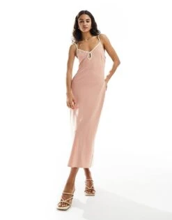 Pretty Lavish Contrast Trim Satin Slip Midaxi Dress In Tan Blush For Women Tan Blush/butter -Pretty Lavi Clothing Shop 205899568 4
