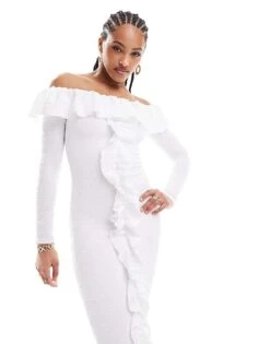 Pretty Lavish Bardot Ruffle Midaxi Dress In Cream For Women -Pretty Lavi Clothing Shop 205899584 1 cream 1