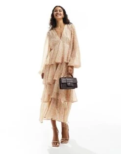 Pretty Lavish Balloon Sleeve Tiered Midaxi Dress In Animal Sorbet For Women Ditsy Sorbet -Pretty Lavi Clothing Shop 205899590 4