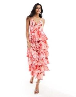 Pretty Lavish Tiered Ruffle Midaxi Dress In Pink Floral For Women Red/pink/orange -Pretty Lavi Clothing Shop 205899606 1 redpinkorange 1