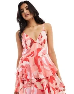 Pretty Lavish Tiered Ruffle Midaxi Dress In Pink Floral For Women Red/pink/orange -Pretty Lavi Clothing Shop 205899606 3