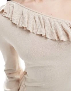 Pretty Lavish Asymmetric Ruffle Knit Maxi Dress In Cream For Women -Pretty Lavi Clothing Shop 205899704 4