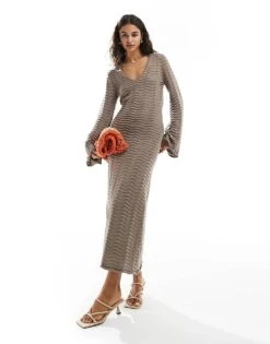 Pretty Lavish V-neck Fine Knit Maxi Dress In Stone For Women -Pretty Lavi Clothing Shop 205899726 4