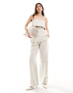 Pretty Lavish Linen Blend Bandeau Top And Wide Leg Trouser Co-ord In Stone -Pretty Lavi Clothing Shop 205915216 1 stone