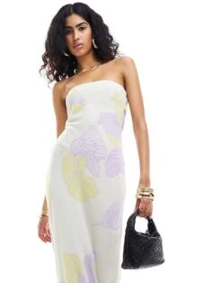 Pretty Lavish Bandeau Open Back Midaxi Dress In Lilac And Beige Floral For Women Lilac/beige -Pretty Lavi Clothing Shop 205915223 2