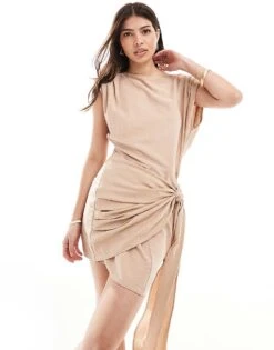 Pretty Lavish Textured Wrap Mini Dress In Beige For Women -Pretty Lavi Clothing Shop 205915273 1 beige 1