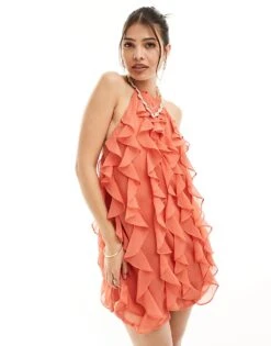 Pretty Lavish Halter Ruffle Mini Dress In Dusky Rose For Women -Pretty Lavi Clothing Shop 205915291 1 duskyrose 1