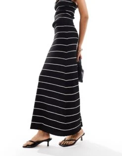 Pretty Lavish Knit Maxi Skirt Co-ord In Monchrome Stripe For Women Black/cream -Pretty Lavi Clothing Shop 205915334 3