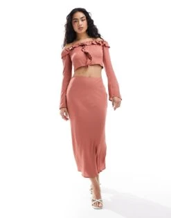 Pretty Lavish Bardot Ruffle Top And Skirt Co-ord In Terracotta -Pretty Lavi Clothing Shop 205915340 1 terracotta 1