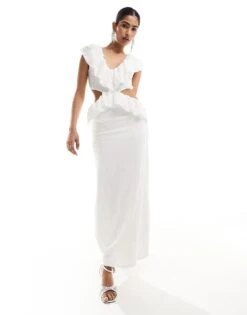 Pretty Lavish Crinkle Ruffle Cut-out Maxi Dress In Cream For Women -Pretty Lavi Clothing Shop 205915352 2