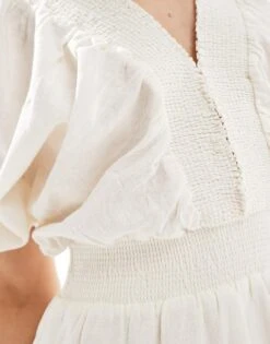 Pretty Lavish Puff Sleeve Linen Mini Dress In Ivory For Women -Pretty Lavi Clothing Shop 205915365 3