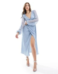 Pretty Lavish Knot Front Plisse Midaxi Dress In Metallic Blue For Women -Pretty Lavi Clothing Shop 205915384 1 metallicblue 1