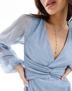 Pretty Lavish Knot Front Plisse Midaxi Dress In Metallic Blue For Women -Pretty Lavi Clothing Shop 205915384 4