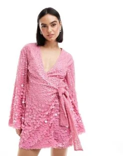 Pretty Lavish Kimono Sleeve Embellished Mini Dress In Pink For Women -Pretty Lavi Clothing Shop 205915407 1 pink 1