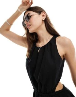 Pretty Lavish Linen Cut-out Mini Dress In Black For Women -Pretty Lavi Clothing Shop 205915502 3