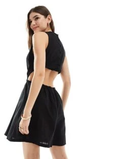 Pretty Lavish Linen Cut-out Mini Dress In Black For Women -Pretty Lavi Clothing Shop 205915502 4