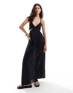 Pretty Lavish Linen Blend Cut-out Maxi Dress In Black For Women