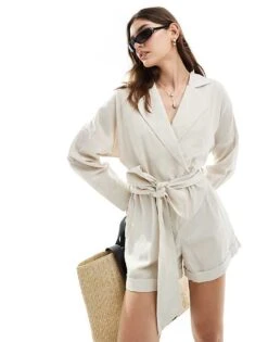 Pretty Lavish Tie Waist Linen Blend Playsuit In Oatmeal For Women -Pretty Lavi Clothing Shop 205915660 1 oatmeal 1