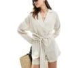 Pretty Lavish Tie Waist Linen Blend Playsuit In Oatmeal For Women -Pretty Lavi Clothing Shop 205915660 1 oatmeal
