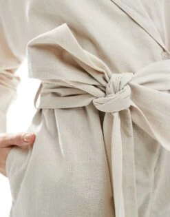 Pretty Lavish Tie Waist Linen Blend Playsuit In Oatmeal For Women -Pretty Lavi Clothing Shop 205915660 3