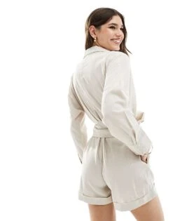 Pretty Lavish Tie Waist Linen Blend Playsuit In Oatmeal For Women -Pretty Lavi Clothing Shop 205915660 4