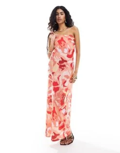 Pretty Lavish Satin Bandeau Maxi Dress In Red Abstract Floral For Women Abstract Red -Pretty Lavi Clothing Shop 205915754 3