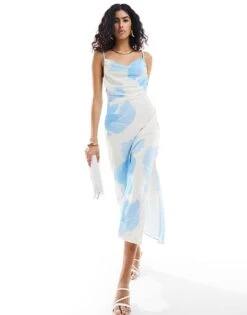 Pretty Lavish Keisha Cowl Neck Ruched Midaxi Dress In Blue Floral For Women Blue/cream -Pretty Lavi Clothing Shop 205915821 4