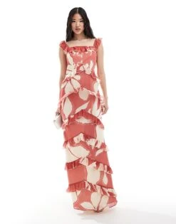 Pretty Lavish Exclusive To ASOS Cecile Ruffle Maxi Dress In Terracotta Floral For Women