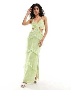Pretty Lavish Exclusive To ASOS Rinna Cut Out Maxi Dress With Frill Detail In Lime Floral Print For Women