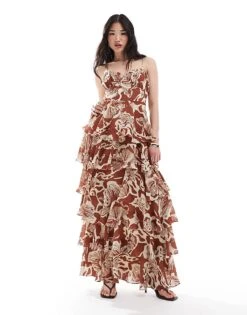 Pretty Lavish Shirred Bust Tiered Ruffle Maxi Dress In Brown Floral For Women -Pretty Lavi Clothing Shop 206341664 1 brownfloral 1