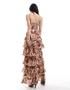 Pretty Lavish Shirred Bust Tiered Ruffle Maxi Dress In Brown Floral For Women -Pretty Lavi Clothing Shop 206341664 2